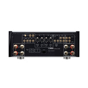 Yamaha A-S3200 rear panel — XLR balanced inputs, RCA inputs, speaker binding posts, and Pre Out