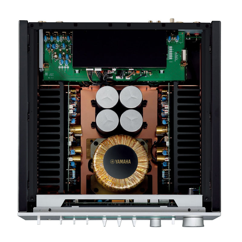 Yamaha A-S3200 interior — 623 VA toroidal transformer and symmetrical dual-mono circuit board layout
