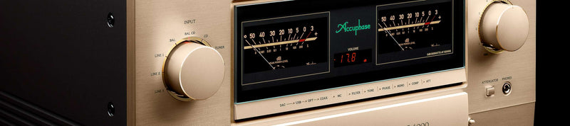 Accuphase E-6000 Integrated Amplifier, front panel detail with analog power meters