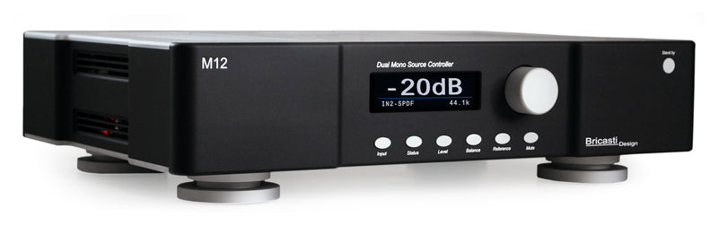 Bricasti M12 Source Controller in black finish, angled front view