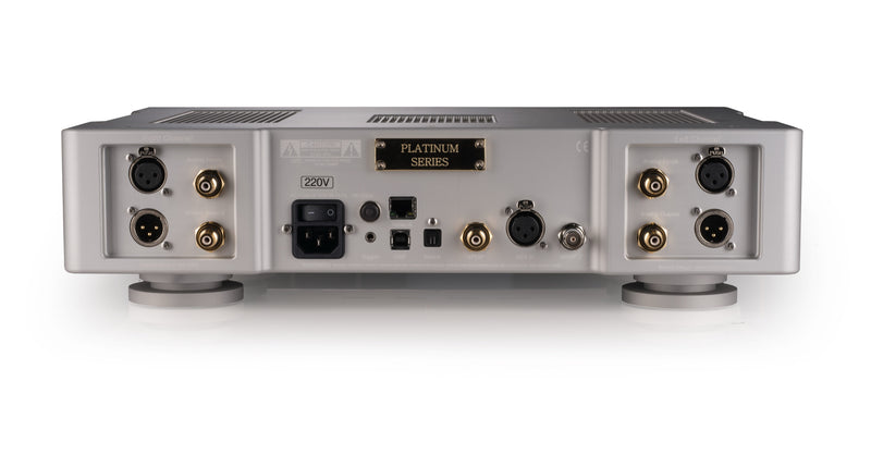 Bricasti M12 Source Controller in Platinum finish, rear panel with analog inputs and outputs