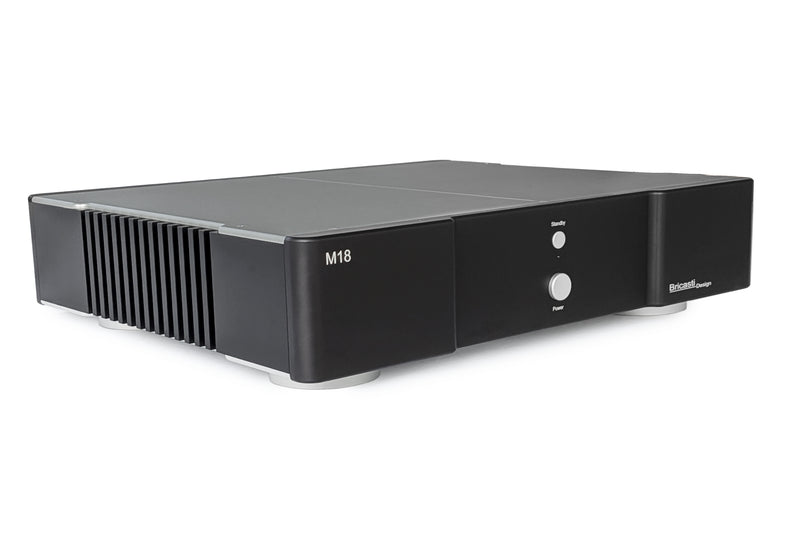 Bricasti M18 dual mono power amplifier, front three-quarter view in black