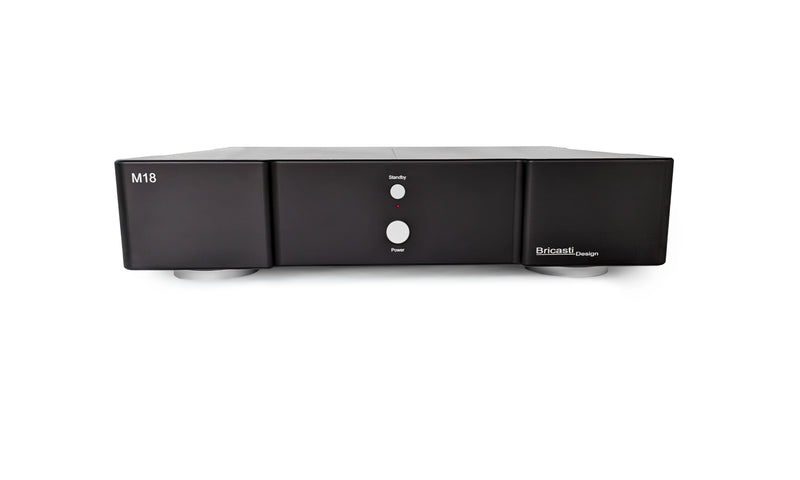 Bricasti M18 dual mono power amplifier, front view in black