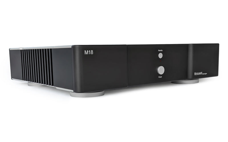 Bricasti M18 dual mono power amplifier, side view in black