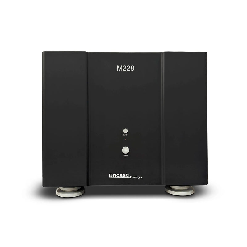 Bricasti M228 dual mono power amplifier, front view in black