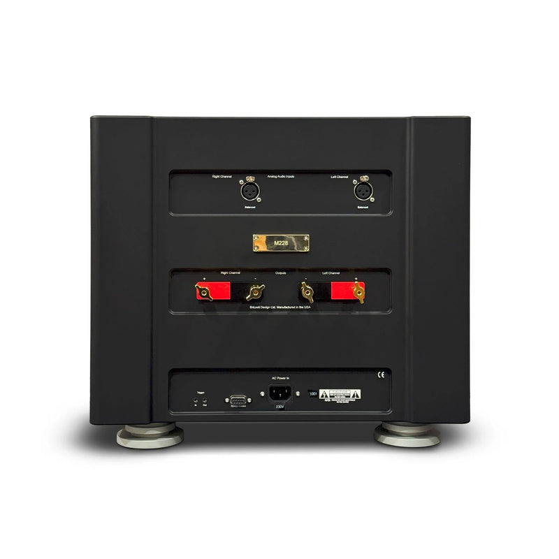 Bricasti M228 dual mono power amplifier, rear panel with balanced XLR inputs and speaker terminals