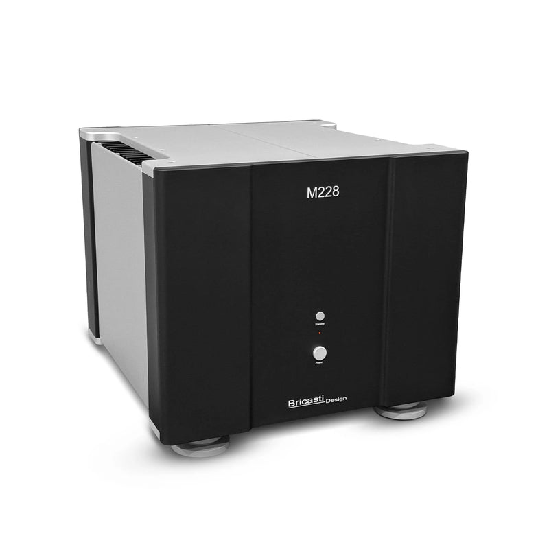 Bricasti M228 dual mono power amplifier, front three-quarter view in black