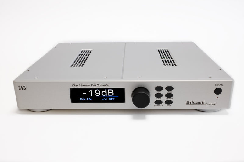 Bricasti M3 DAC in Argento silver finish, angled front view from above