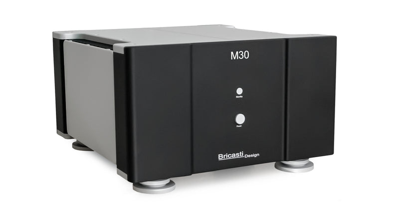 Bricasti M30 monoblock amplifier, front three-quarter view in Classic Black