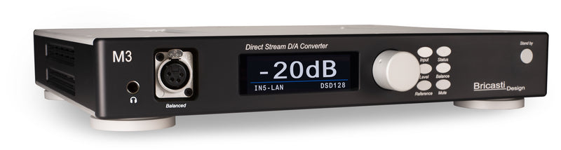 Bricasti M3 DAC with the M3H headphone option, angled front view showing the balanced XLR headphone socket