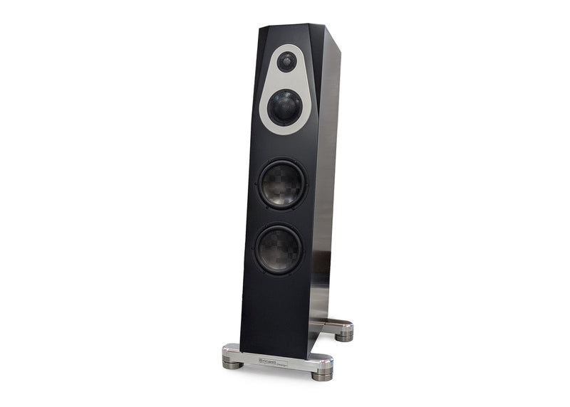 Bricasti S7 floorstanding loudspeaker, front three-quarter view in black