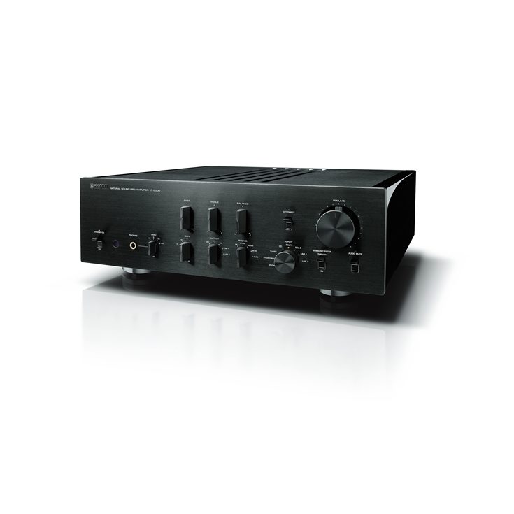 Yamaha C-5000 preamplifier three-quarter angle view, Black/Piano Black