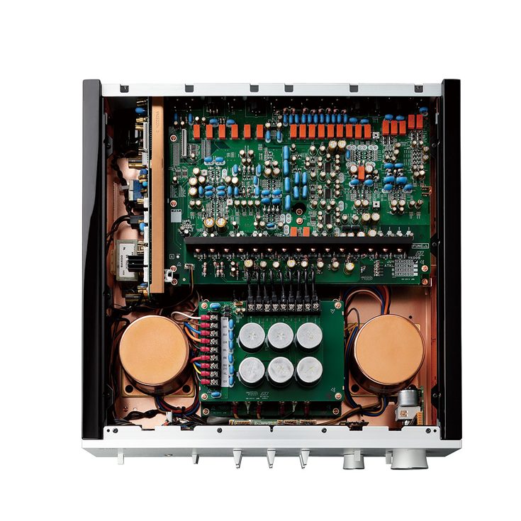 Yamaha C-5000 preamplifier interior view showing dual toroidal transformers and discrete circuit boards