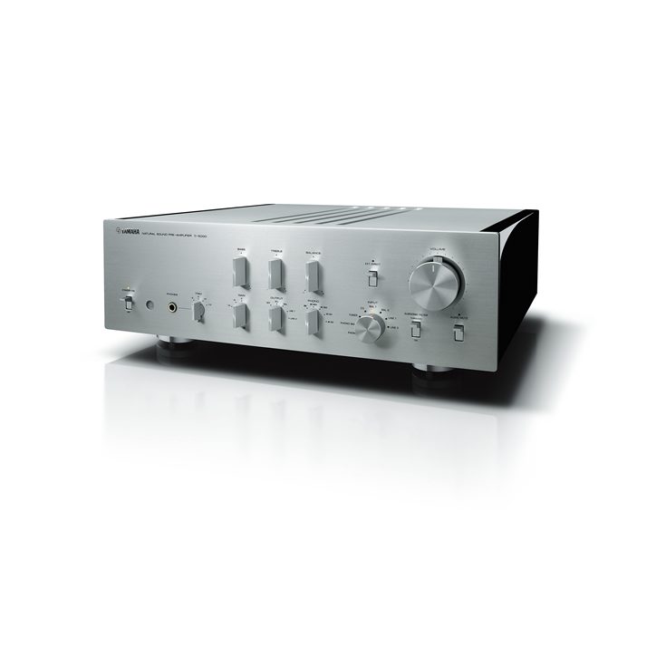 Yamaha C-5000 preamplifier three-quarter angle view, Silver/Piano Black