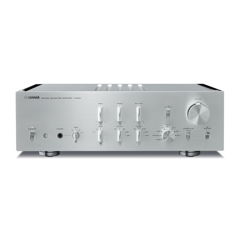 Yamaha C-5000 preamplifier front view, Silver/Piano Black finish