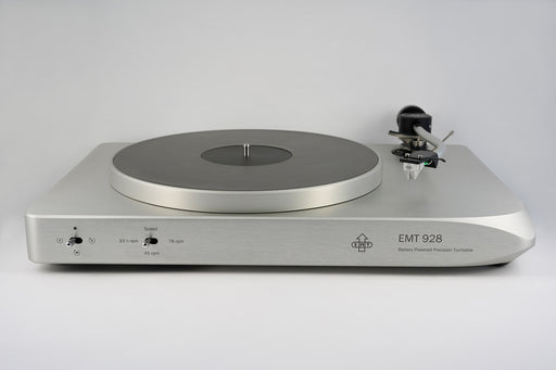 EMT 928 II Battery Powered Turntable - silver plinth 3/4 front view, manufacturer photo