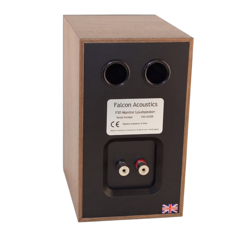 Falcon Acoustics F50 rear panel with twin ports and binding posts