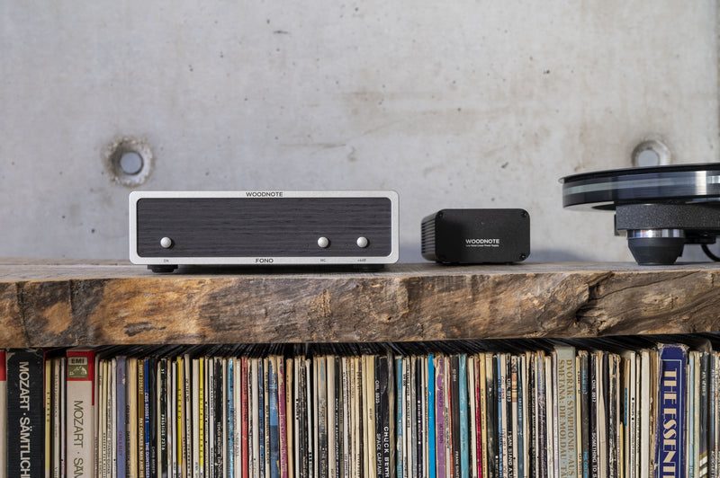 Lindemann Woodnote FONO phonostage and power supply on a shelf above a record collection