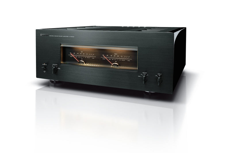 Yamaha M-5000 Black/Piano Black — angled perspective showing top panel and VU meter detail