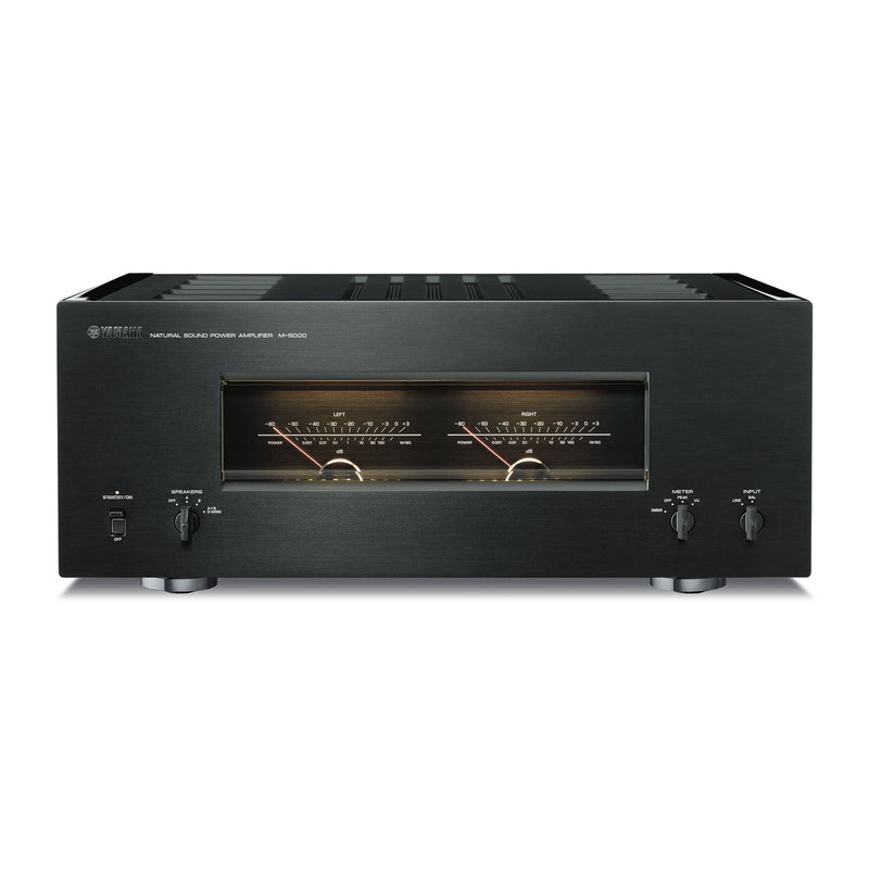 Yamaha M-5000 stereo power amplifier front view — Black/Piano Black finish