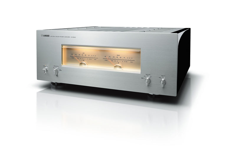 Yamaha M-5000 Silver/Piano Black — angled perspective showing top panel and VU meter detail