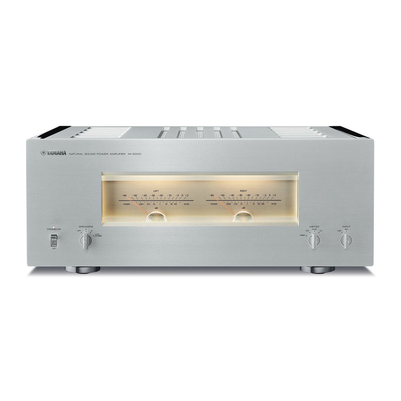 Yamaha M-5000 stereo power amplifier front view — Silver/Piano Black finish