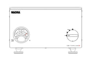 Nagra AMP II-S front panel, official line drawing: Modulometer at left, rotary OFF / R / MUTE / ON selector at right