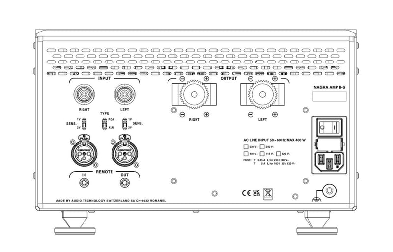 Nagra AMP II-S rear panel, official line drawing: RCA and XLR inputs, speaker terminals, remote in and out, AC inlet