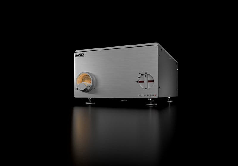 Nagra AMP II-S stereo power amplifier, three-quarter view from the left
