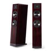 Neat Acoustics Vito Classic floorstanding speakers in Ruby Flame, angled and front views