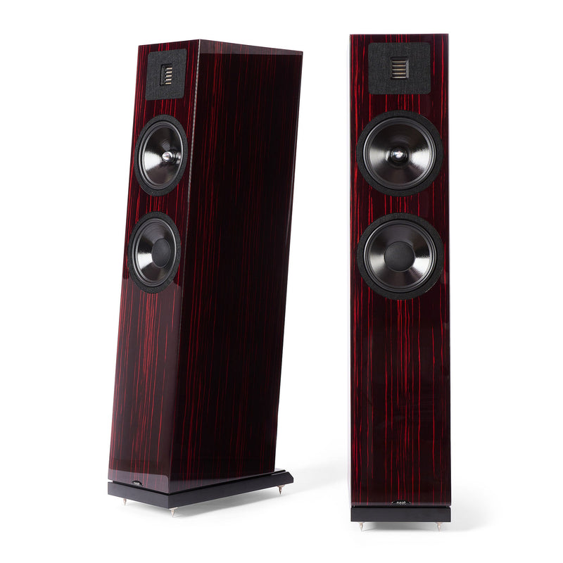 Neat Acoustics Vito Classic floorstanding speakers in Ruby Flame, angled and front views