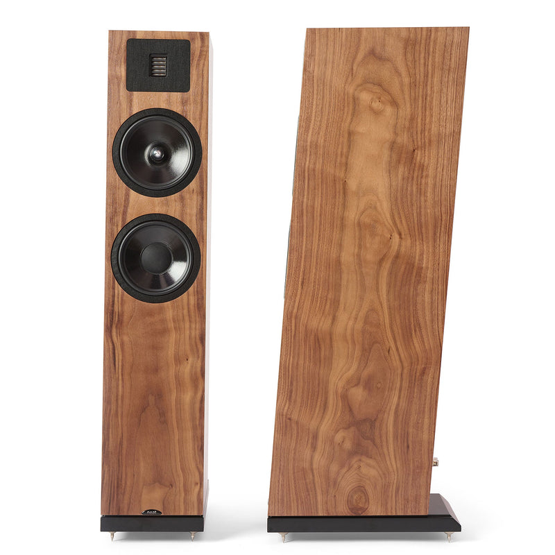 Neat Acoustics Vito Classic floorstanding speakers in Walnut, front and side views