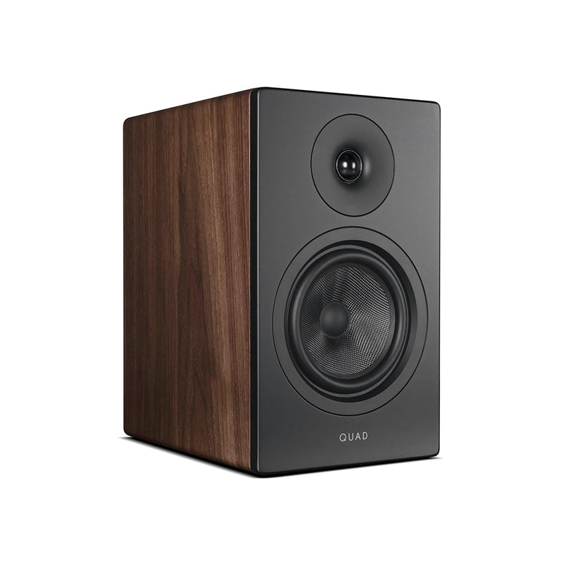 QUAD Elegan 1 in walnut veneer, alternate three-quarter view