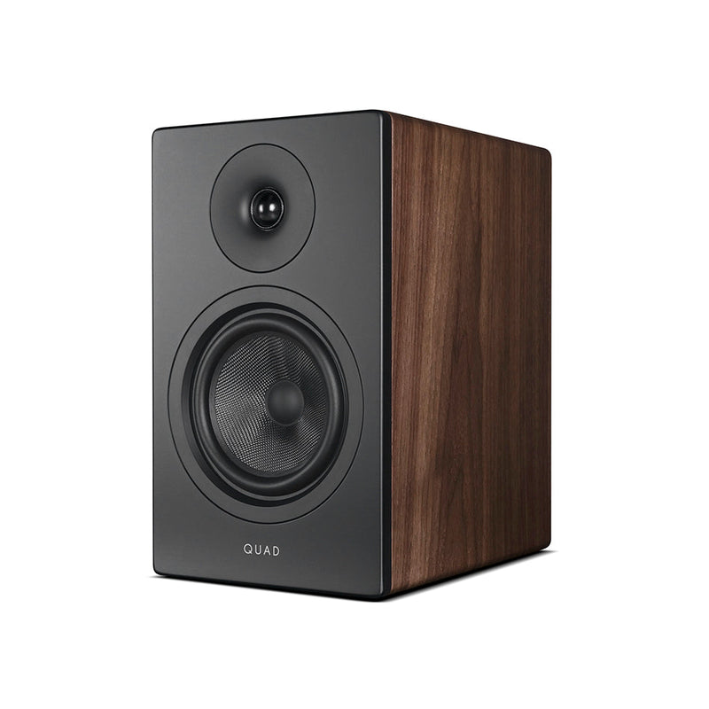QUAD Elegan 1 bookshelf loudspeaker in walnut veneer, three-quarter view