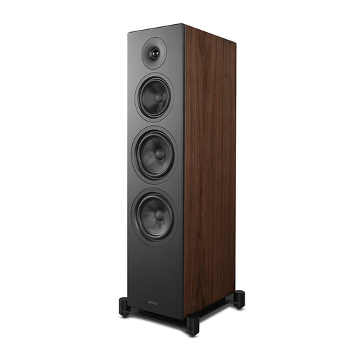 QUAD Elegan 2 floorstanding loudspeaker in walnut veneer, three-quarter view