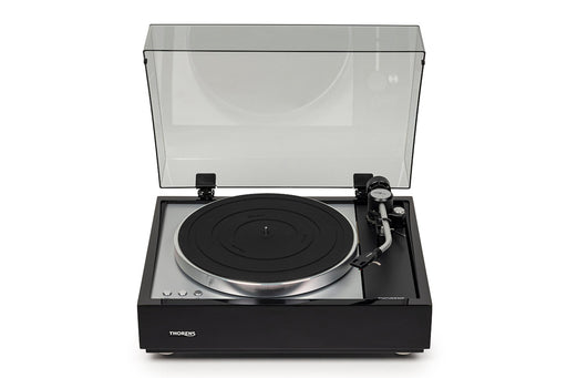Thorens TD 1600 TP 160 turntable, Gloss Black, front view with dust cover open