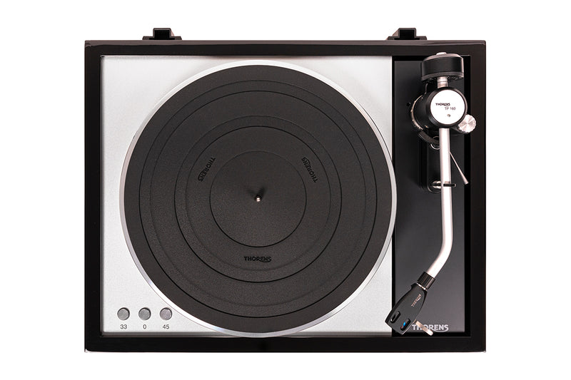 Thorens TD 1600 TP 160 turntable, Gloss Black, top-down view showing TP 160 tonearm