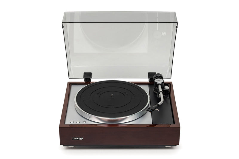 Thorens TD 1600 TP 160 turntable, Gloss Walnut, front view with dust cover open