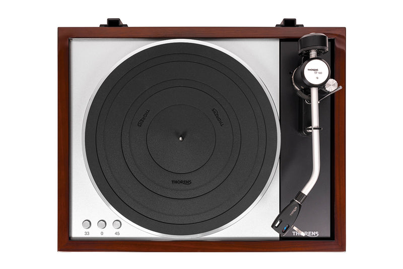 Thorens TD 1600 TP 160 turntable, Gloss Walnut, top-down view showing TP 160 tonearm