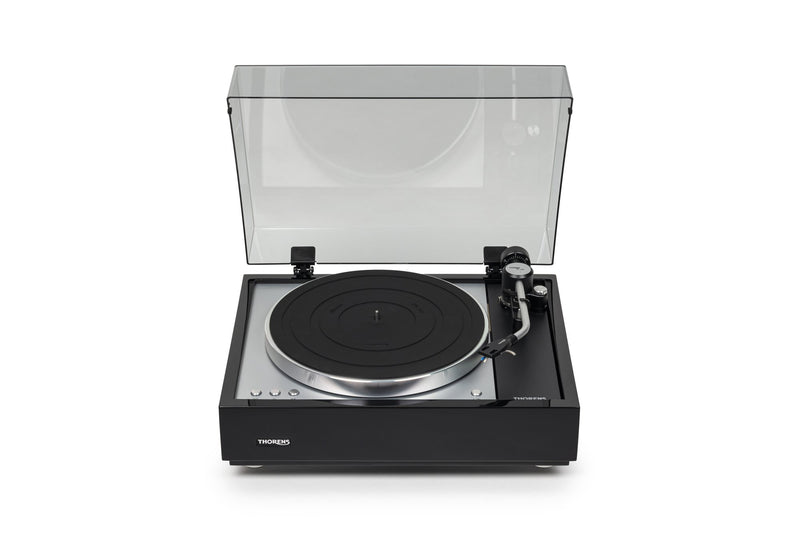 Thorens TD 1601 TP 160 turntable, Gloss Black, front view with dust cover open