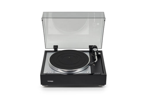 Thorens TD 1601 TP 160 turntable, Gloss Black, front view with dust cover open