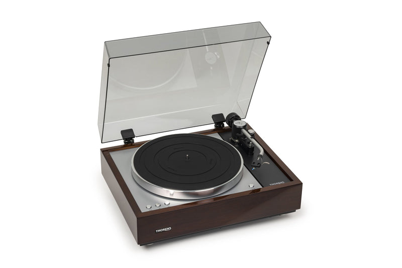 Thorens TD 1601 TP 160 turntable, Gloss Walnut, three-quarter angle view