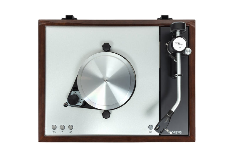 Thorens TD 1601 TP 160 turntable, Gloss Walnut, top-down view showing TP 160 tonearm