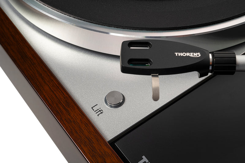 Thorens TD 1601 TP 160 turntable, Gloss Walnut, close-up of tonearm lift and detachable headshell