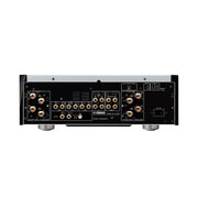 Yamaha A-S1200 rear panel showing RCA inputs, phono stage selector, speaker binding posts, and PRE OUT