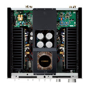 Yamaha A-S1200 interior view showing 625VA toroidal transformer, filter capacitors, and amplifier boards
