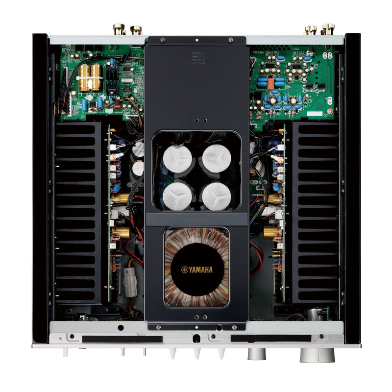 Yamaha A-S1200 interior view showing 625VA toroidal transformer, filter capacitors, and amplifier boards