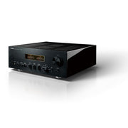 Yamaha A-S2200 integrated amplifier, black, with lid open showing internal components