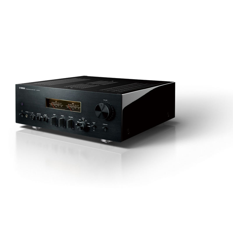 Yamaha A-S2200 integrated amplifier, black, with lid open showing internal components