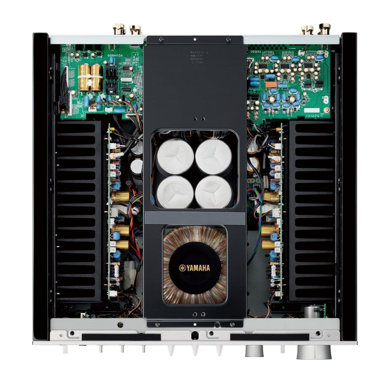 Yamaha A-S2200 integrated amplifier interior chassis, showing toroidal transformer and circuit boards